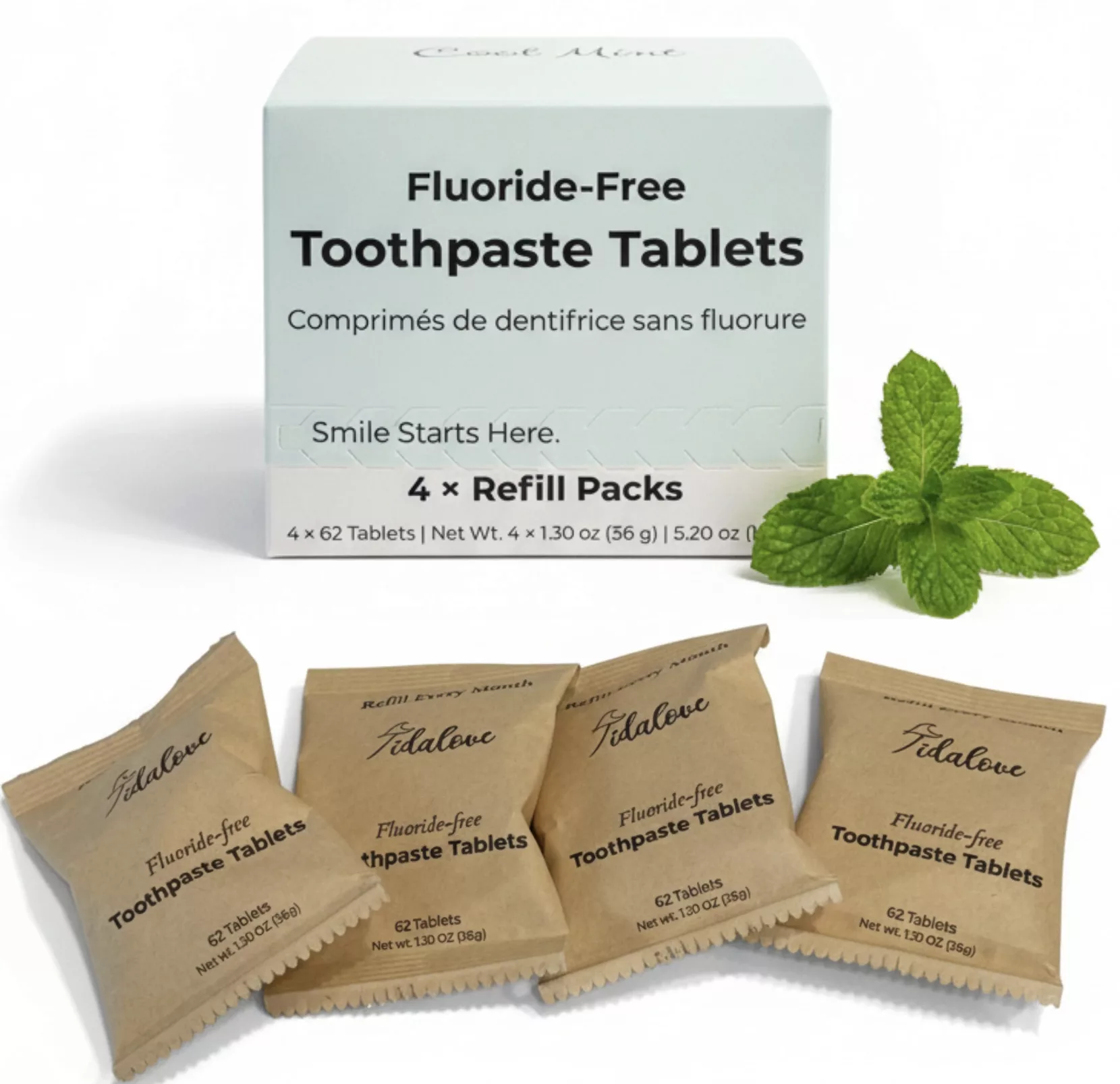 Tidalove Fluoride-Free Cool Mint Toothpaste Tablets.