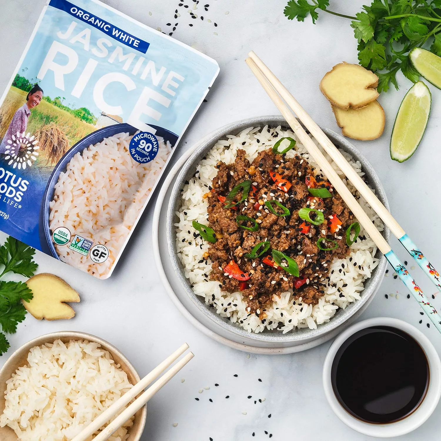 Lotus Foods Organic White Jasmine Rice Heat & Eat Pouch.