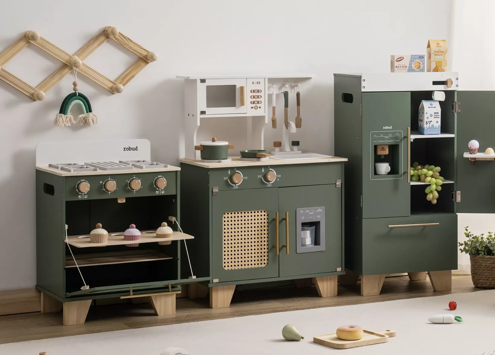 ROBUD Wooden 3 Pieces Kids Kitchen Playset - Vintage Green.