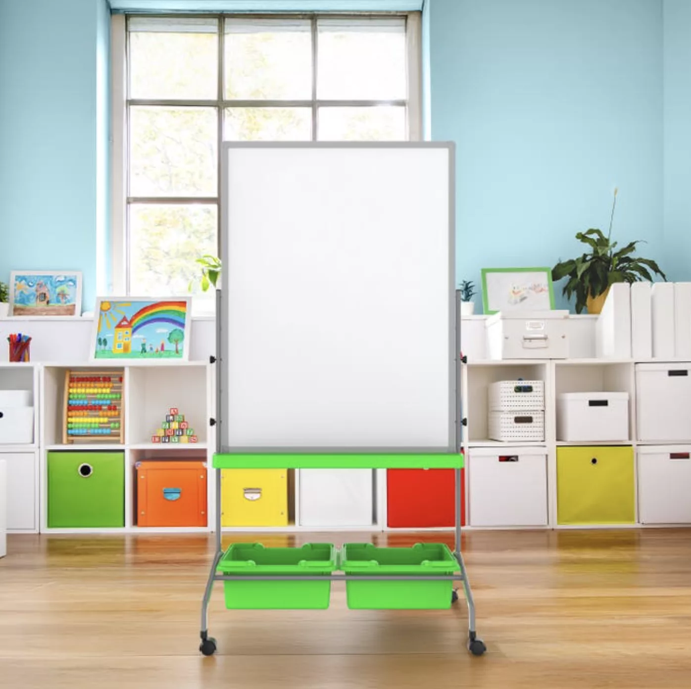 Luxor Height-Adjustable Mobile Whiteboard with Storage Bins and Chart Hooks.