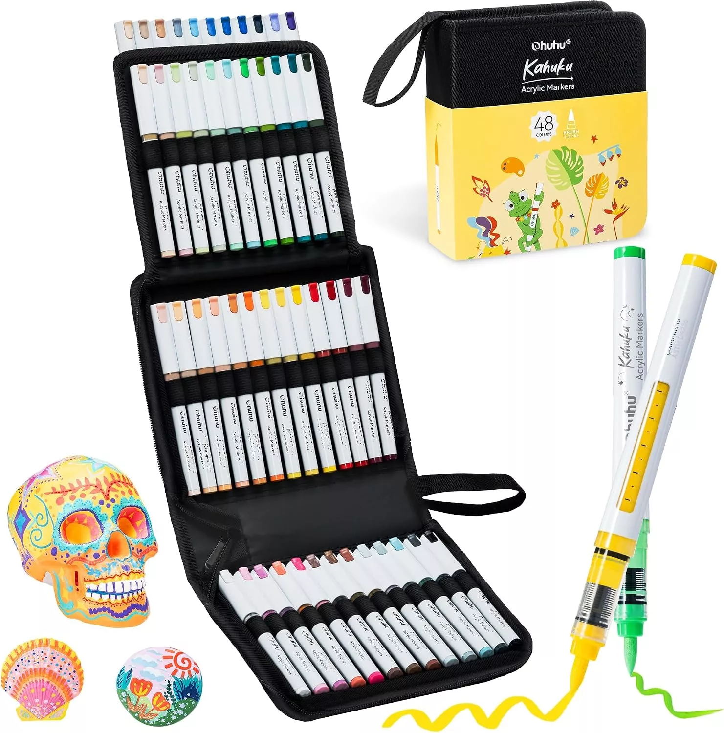 OHUHU Acrylic Paint Markers Brush Tip 48 Colors
