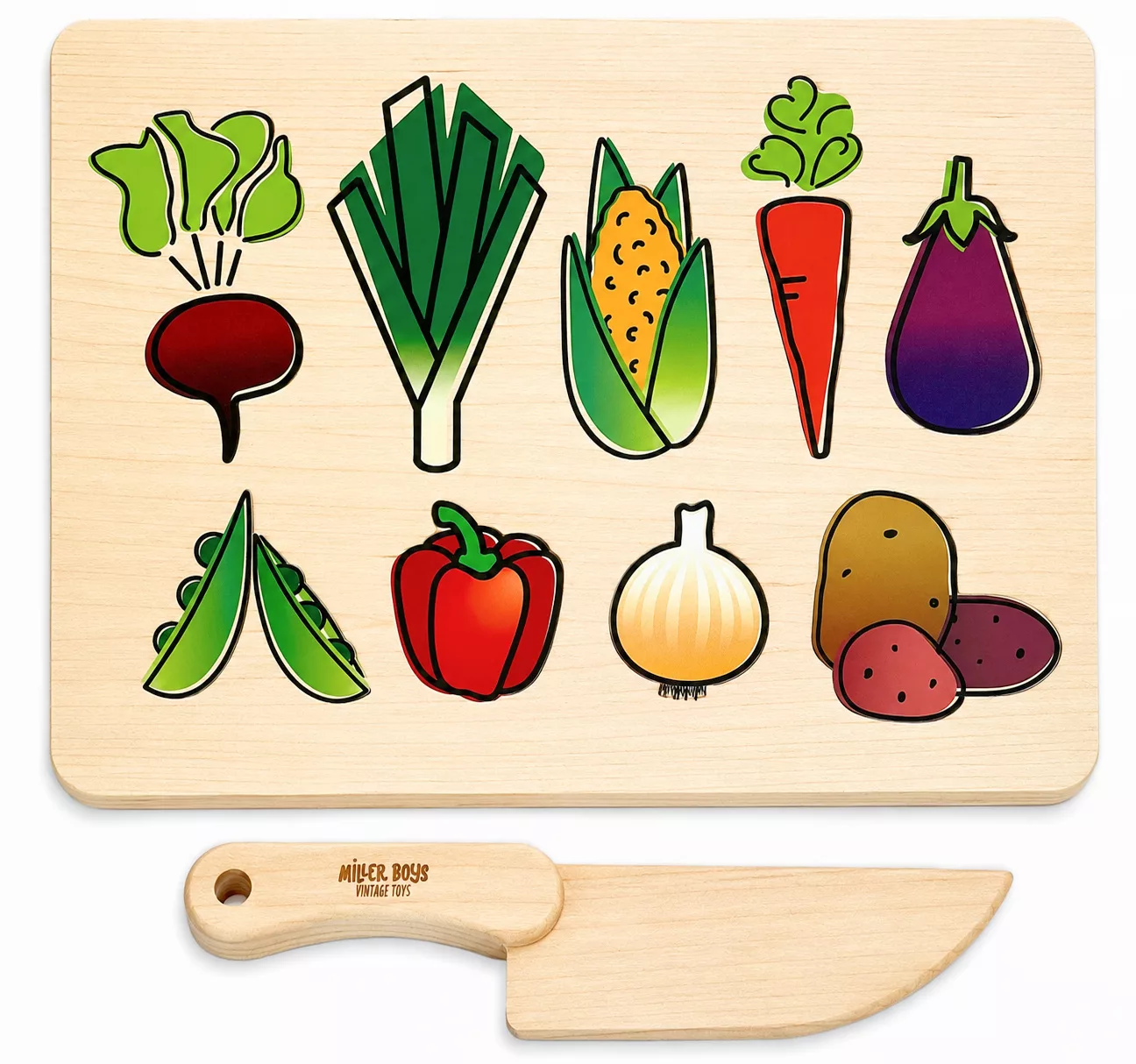 Kid's Chef-in-Training Veggie Wooden Cutting Board with Handcrafted Wooden Knife.