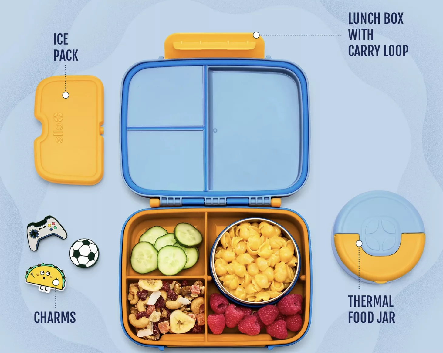Ello Benni Kids Bento Box with Insulated Food Jar, Ice Pack and Charms.