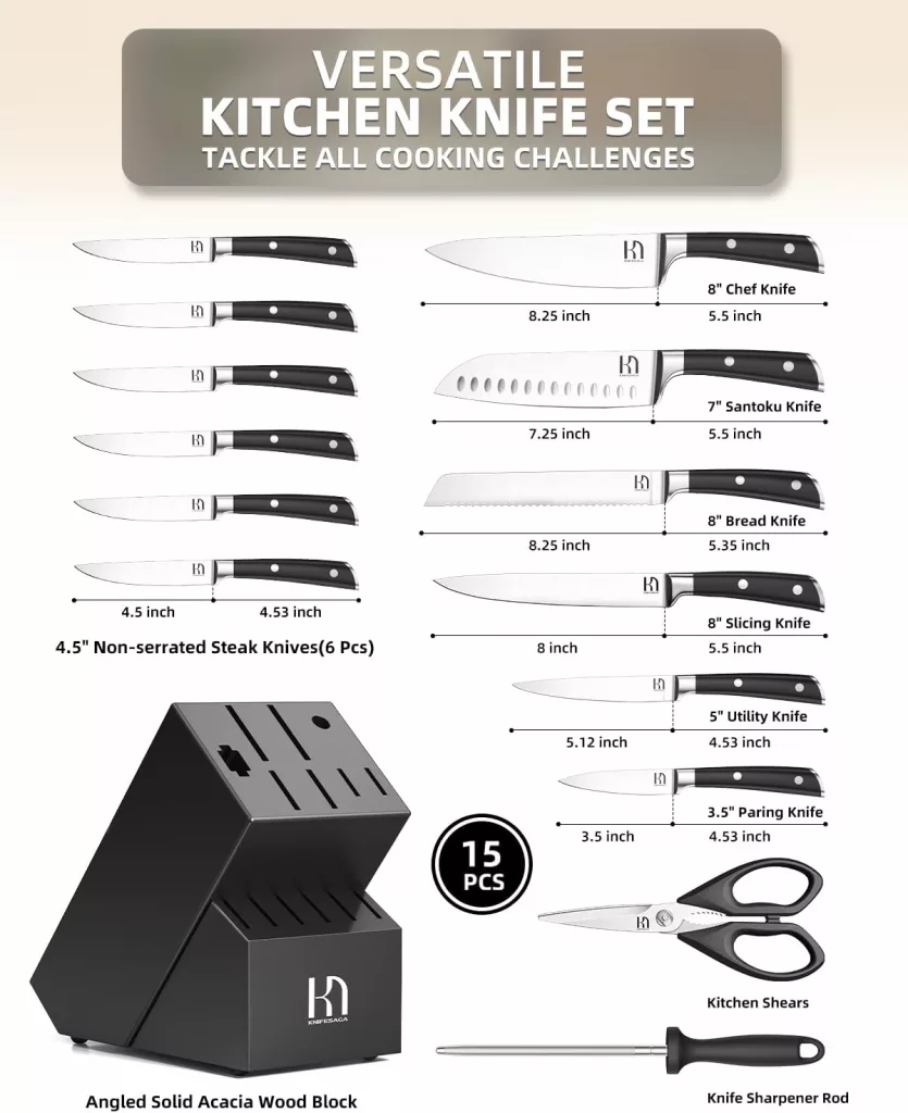 KnifeSaga X3 Pro review, KnifeSaga knife review, KnifeSaga X3 Pro knife set, KnifeSaga 15 piece knife set, KnifeSaga knives, best kitchen knife set, high carbon stainless steel knives, 15 piece kitchen knife set, sharp kitchen knives, full tang kitchen knives, knife block set, kitchen knife set review, Acacia wood knife block, KnifeSaga X3S Pro