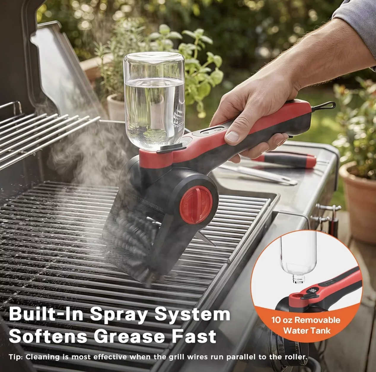 Cordless Electric Grill Brush with Water Spray.