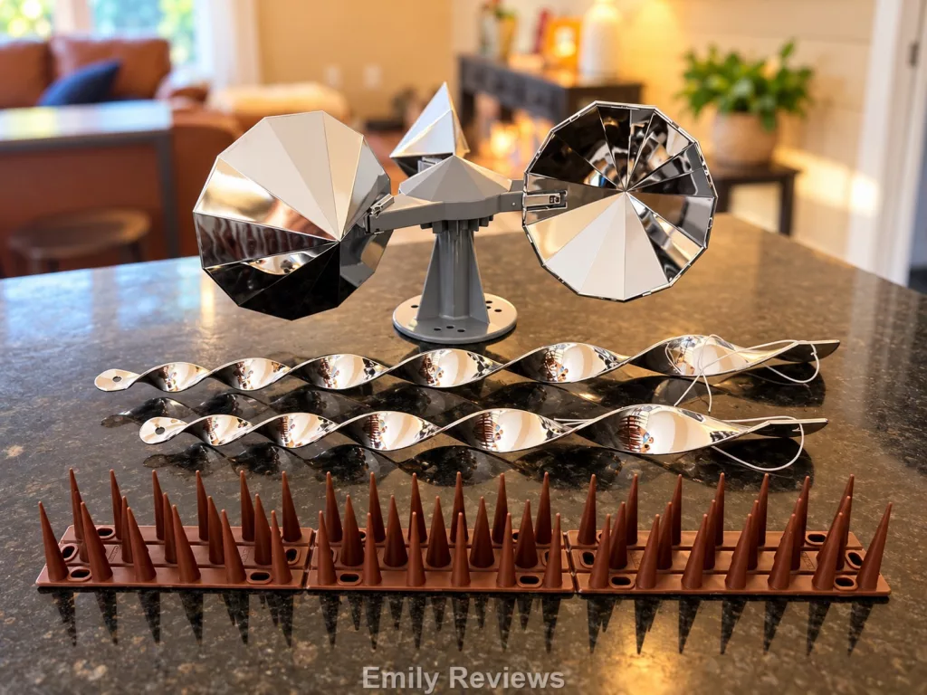 OFFO bird deterrent review, OFFO bird spikes, OFFO bird scarer rods, OFFO reflective wind spinners, outdoor bird deterrents, reflective bird deterrents, pigeon deterrent, bird deterrents for patios, bird spikes for ledges, reflective rods for birds, keep birds off railings, patio bird control