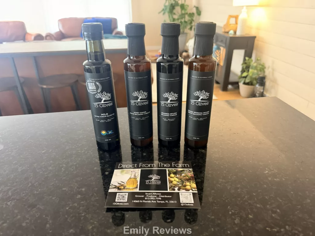 15 Olives review, 15 Olives olive oil, 15 Olives balsamic vinegar, 2025 Harvest Mild Extra Virgin Olive Oil, Mango Sriracha White Balsamic Vinegar, Bourbon Balsamic Vinegar, Honey Ginger White Balsamic Vinegar, American made olive oil, USA grown olive oil, farm to table olive oil, extra virgin olive oil review, flavored balsamic vinegar, white balsamic vinegar, gourmet balsamic vinegar, olive oil and balsamic recipes, balsamic vinegar recipe ideas, homemade salad dressing, olive oil marinade, gourmet pantry staples