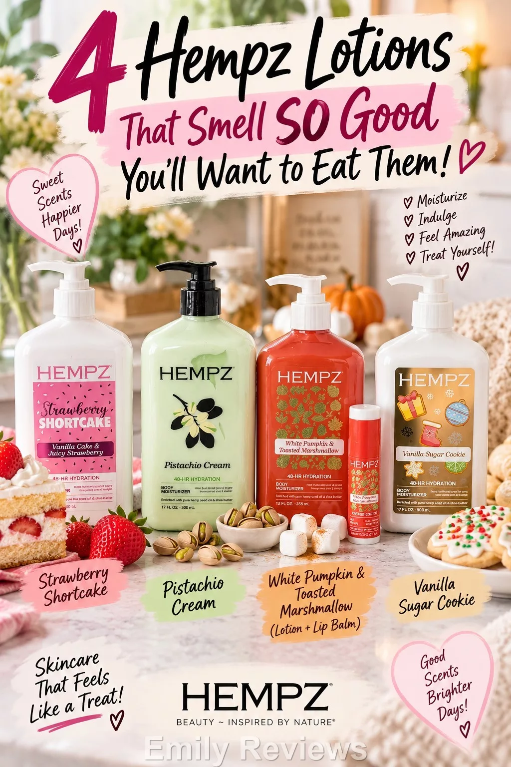 Hempz review, Hempz lotion review, Hempz body lotion, Hempz Strawberry Shortcake lotion, Hempz White Pumpkin Toasted Marshmallow, Hempz Vanilla Sugar Cookie, Hempz Pistachio Cream, Hempz gourmand scents, Hempz gourmand lotion, best smelling Hempz lotion, hemp seed oil body lotion, moisturizing body lotion, dessert scented body lotion, gourmand body care, sweet scented body lotion, fall body lotion, pistachio body lotion, strawberry body lotion, vanilla body lotion, Hempz lip balm