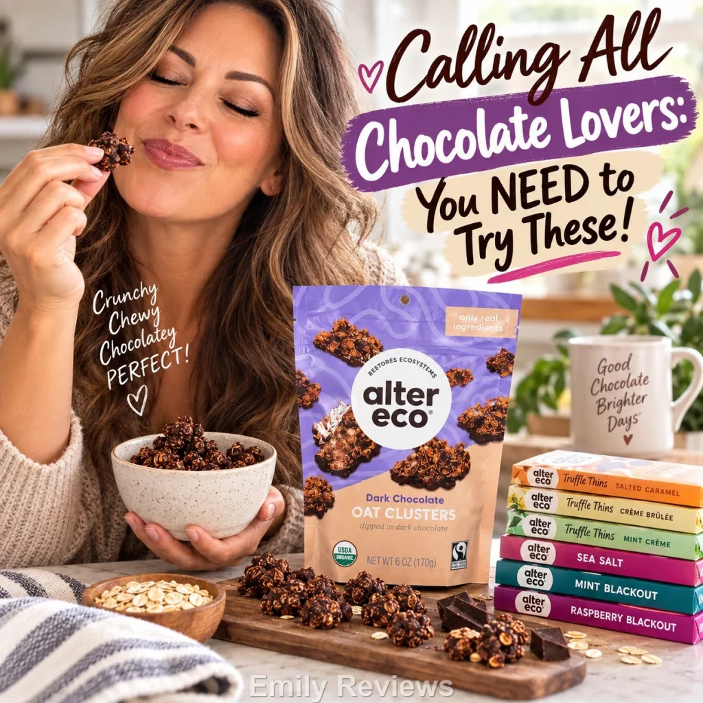 Alter Eco review, Alter Eco chocolate review, Alter Eco Dark Chocolate Oat Clusters, Dark Chocolate Oat Clusters review, Alter Eco Oat Clusters, Alter Eco Truffle Thins, Salted Caramel Truffle Thins, Crème Brûlée Truffle Thins, Mint Crème Truffle Thins, Alter Eco Sea Salt Chocolate Bar, Alter Eco Mint Blackout, Alter Eco Raspberry Blackout, organic dark chocolate, Fair Trade chocolate, best dark chocolate, organic chocolate snacks, dark chocolate snacks, Alter Eco chocolate bars, chocolate snack review, best organic chocolate