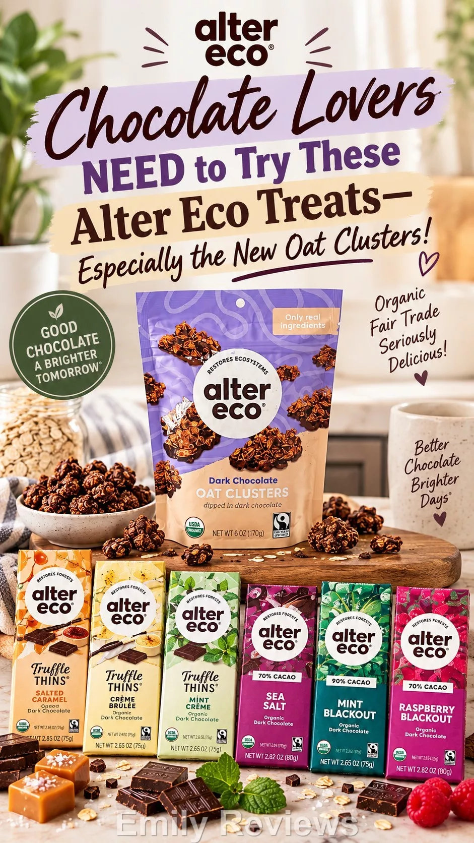 Alter Eco review, Alter Eco chocolate review, Alter Eco Dark Chocolate Oat Clusters, Dark Chocolate Oat Clusters review, Alter Eco Oat Clusters, Alter Eco Truffle Thins, Salted Caramel Truffle Thins, Crème Brûlée Truffle Thins, Mint Crème Truffle Thins, Alter Eco Sea Salt Chocolate Bar, Alter Eco Mint Blackout, Alter Eco Raspberry Blackout, organic dark chocolate, Fair Trade chocolate, best dark chocolate, organic chocolate snacks, dark chocolate snacks, Alter Eco chocolate bars, chocolate snack review, best organic chocolate
