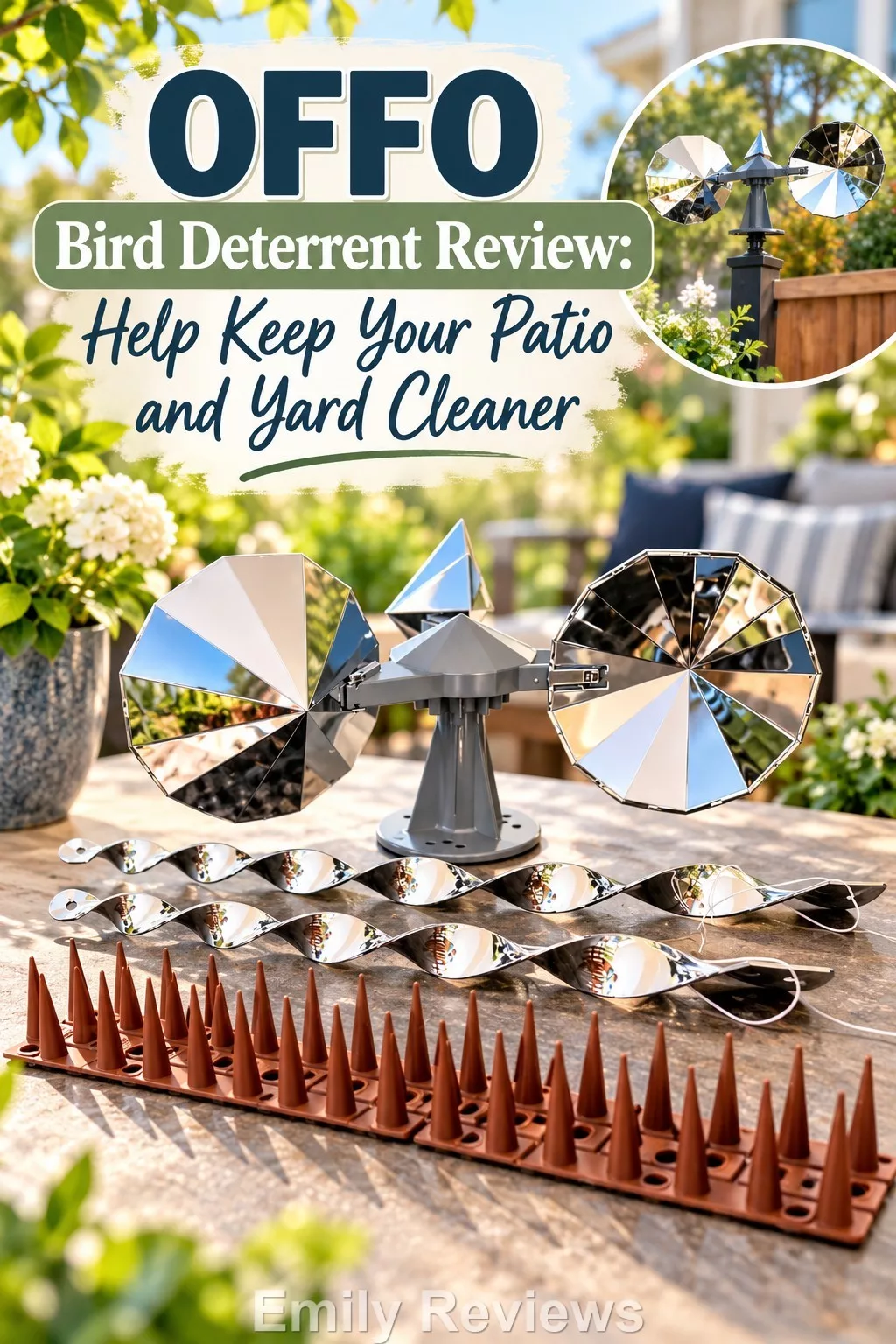 OFFO bird deterrent review, OFFO bird spikes, OFFO bird scarer rods, OFFO reflective wind spinners, outdoor bird deterrents, reflective bird deterrents, pigeon deterrent, bird deterrents for patios, bird spikes for ledges, reflective rods for birds, keep birds off railings, patio bird control