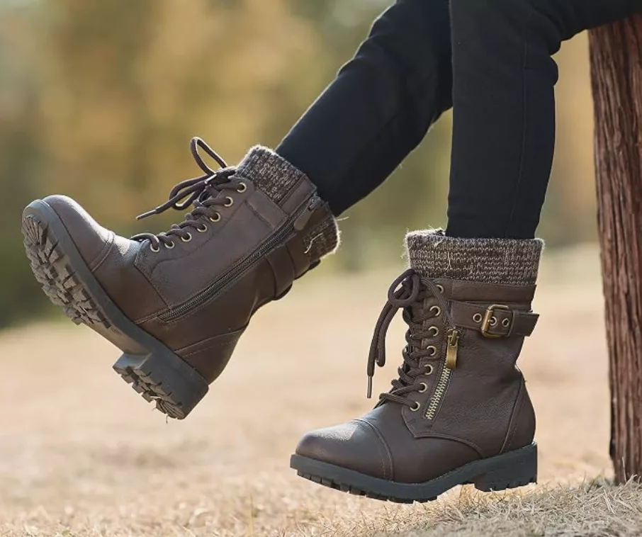 DREAM PAIRS Girls' Combat Lace-Up Mid-Calf Boots.