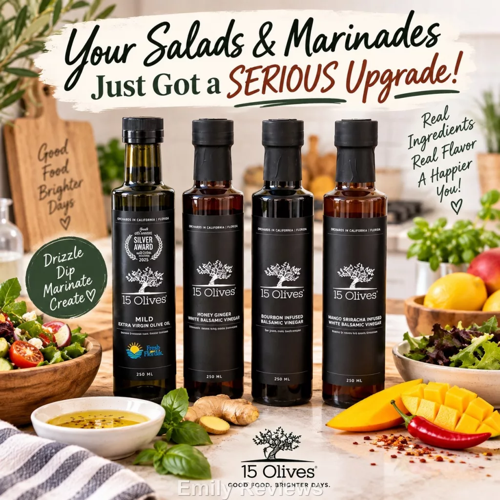 Farm-to-Table Extra Virgin Olive Oil & Flavor-Packed Balsamic Vinegars 15 Olives review, 15 Olives olive oil, 15 Olives balsamic vinegar, 2025 Harvest Mild Extra Virgin Olive Oil, Mango Sriracha White Balsamic Vinegar, Bourbon Balsamic Vinegar, Honey Ginger White Balsamic Vinegar, American made olive oil, USA grown olive oil, farm to table olive oil, extra virgin olive oil review, flavored balsamic vinegar, white balsamic vinegar, gourmet balsamic vinegar, olive oil and balsamic recipes, balsamic vinegar recipe ideas, homemade salad dressing, olive oil marinade, gourmet pantry staples